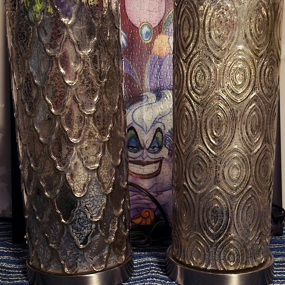 Set of Lavish Scalloped Home Table Lamps with Silver Crackle Mercury Finish